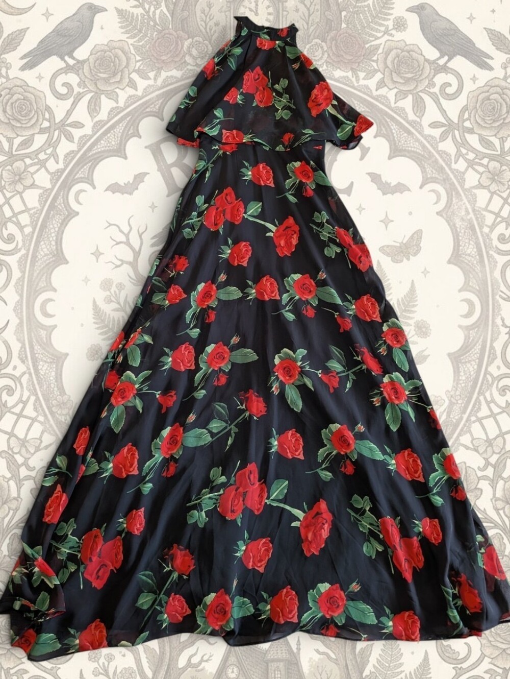 Dark Romance Red Rose Chiffon Halter Ruffle Maxi Dress Liza Luxe Whimsigoth XS